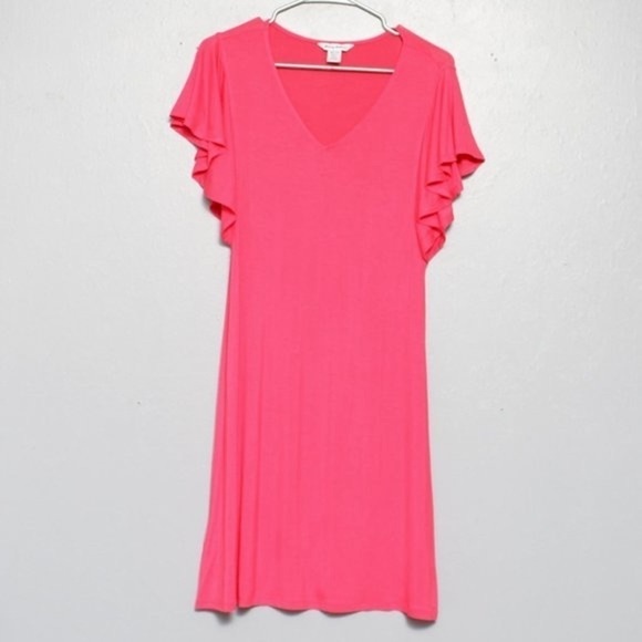 Tommy Bahama rayon pink flutter sleeve v neck midi dress - Picture 1 of 6